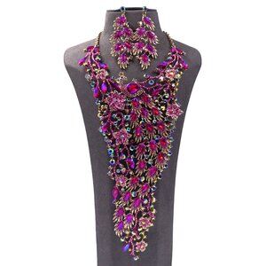 Rhinestone Embellished Peacock Statement Evening Necklace